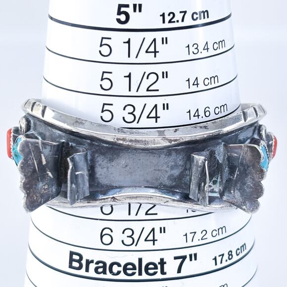Vintage Milton Lasiloo Native Zuni Sterling Silver Turquoise Coral Watch Cuff 6" - Picture 10 of 12